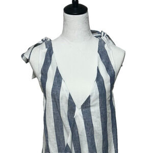 New York & Co Top Womens XL Blue White Stripe Linen Blend Tie Shoulders NWT